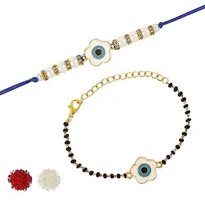 I Jewels Enamel Floral Evil Eye Bhaiya Bhabhi Mangalsutra Bracelet Rakhi Set With Roli Chawal & Rakshabandhan Card For Brother/Bro/Men (R133-CO)