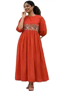 Women's Embroidered Maxi Dress, 3/4 Sleeve, A-Line, Floral Embellished Waist, Ankle Length