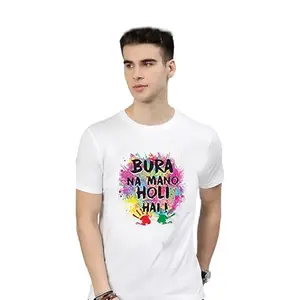 REVA__ Holi Gifts Bura Na Mano Holi Hain Printed White Polyester Unisex T-Shirt - Dri-fit (Size-Medium Pack of 1)
