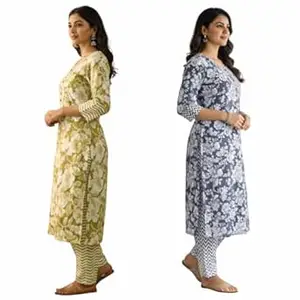 Women Cotton Kurta Pant Set Combo Pack of 2 | Floral Printed Kurti Pant Set | Casual Ethnic Wear for Women