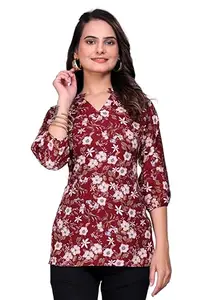 hemang fashion Maroon Floral Printed Crepe Top – Keyhole Neck, Bell Sleeves, Hip Length, Casual