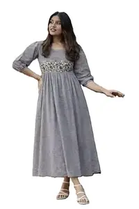 Women's Embroidered Maxi Dress, 3/4 Sleeve, A-Line, Floral Embellished Waist, Ankle Length