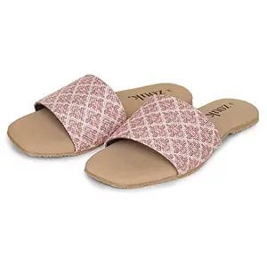 ZOUK Women's Handcrafted Vegan Leather Chamoli Motif Casual Flats Pink (ZFCF-CM-40)