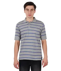 Elegant Stripped Men Club Cotton Polo T Shirt (XX-Large, Bluegrey)