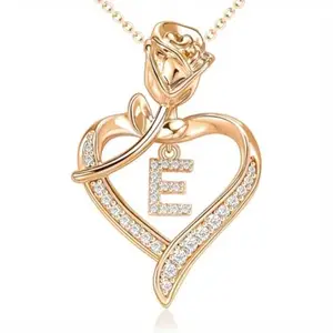 Bling Queen Women's Initial Alphabet Zirconia Flower Heart Pendant Necklace, Initial Pendant Necklace, Heart Letter Pendant, Alphabet Necklace, Letter Necklace, Custom Initial Necklace (Rose gold)