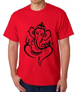 Caseria Men's Round Neck Cotton Half Sleeved T-Shirt with Printed Graphics - Shree Ganesh Maharaj (Red, L)