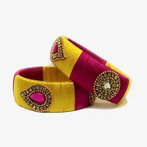 pratthipati's Silk Thread Bangles Stones Chuda Bangle Set (Yellow-Pink) (Size-2/10)