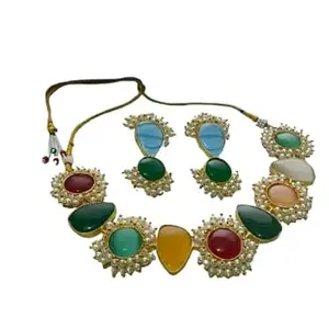 Traditional Indian Necklace Set with Multi-Coloured Stones, Pearl Embellishments, Adjustable Dori