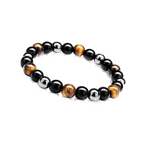MADHAV CRYSTAL Triple Protection Bracelet Natural Crystal Tiger Eye Hematite And Black Onyx Protection Bracelet For Men Women Reiki Healing