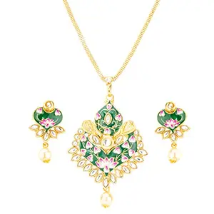 Jewels Galaxy Delicate Kundan & Pearl Floral Design Gold Plated Necklace Set for Women/Girls (CT-NCK-44108)