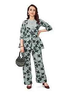 Fabzoo Women's Print Co-Ord Set Easy Fit for Ladies Two-Piece Suit with Peplum Top and Plazzo (Normal, Green)