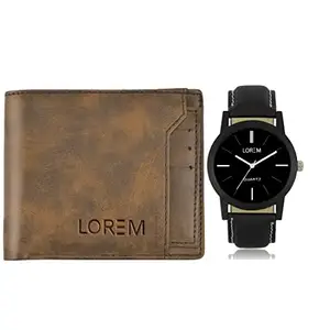LOREM Combo of Black Wrist Watch & Brown Color Artificial Leather Wallet (Fz-Wl24-Lr05)