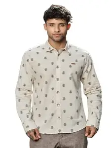 Fash Exuber Printed Shirt for Men's | Beige Cotton Linen Digital Print Shirt-Mens