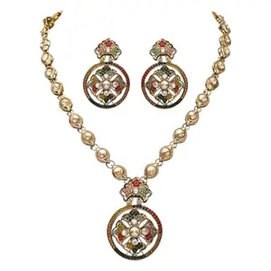 I Jewels Gold Plated Traditional Design Kundan Stone Necklace & Earrings Jewellery Set For Women (IJ392Mul)