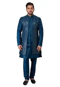 PAREHA Silk Men's Regular Full Sleeve Mandrian Collar Kurta Pyjama With Sleeveless Jacket | Birthday,Wedding, Ceremony, Casual, Engagement (42_Navy Blue) |347