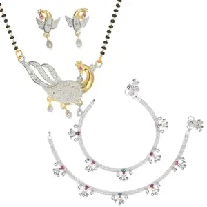 AanyaCentric Jewellery Set of Silver Plated Anklets and Gold-Plated AD 18" Mangalsutra Pendant Earring