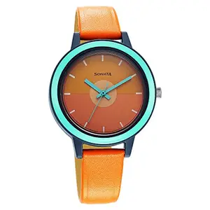 Sonata Splash Orange Dial Women Watch with Leather Strap-87036PL15W