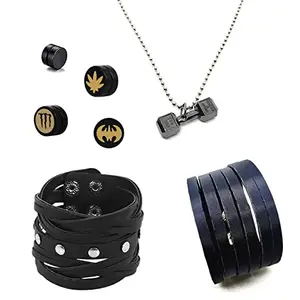 Gold Nera Dumbbell Pendant With Chain & 4 Ear Studs Magnetic & 2 Punk Black Cuff Bracelet For BoysMen By GoldNera