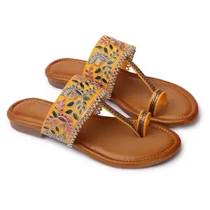 Naitik Girl's Jaipuri Chappal Bridal Juti Kolhapuri Flat Ghungroo Sandals Ethnic Wear For Women (Yellow), 3 Uk