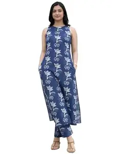Pinkmint Women’s Pure Cambric Cotton Kurta Set | Sleeveless Printed Kurta with Pant | Summer Wear Co-Ord Set | Plus Casual