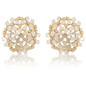 TANAIRA Gold Plated American Diamond Stud Mirror Work Earring for Women's, Girls - Geometric Round Shaped Modern Earrings