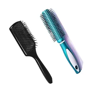 Professional Hair Brush Set, Round Styling Brush and Detangling Paddle Brush, Black and Turquoise, 2-Piece