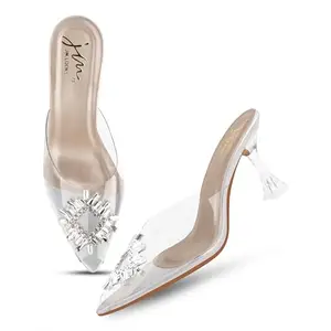 JM LOOKS Fashionable Transparent Rhinestone Crystal Heel Sandals Women Footwear for Parties, Weddings, and Special Occasions - Trendy, Stylish, and Comfortable Sandal Silver