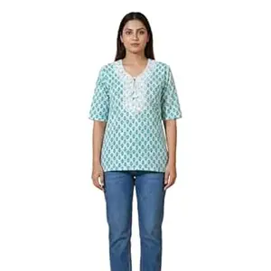 Teenager Girl(5'3 Height) Cotton Printed Straight Short Kurti with Tie-up Neck, Half Sleeves, M to XL (Turquoise Ethnic Buti Kurti)