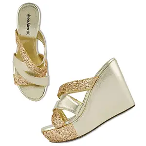 Shoeshion Women's Shimmer Wedges Fashion Sandals (Gold, numeric_3)