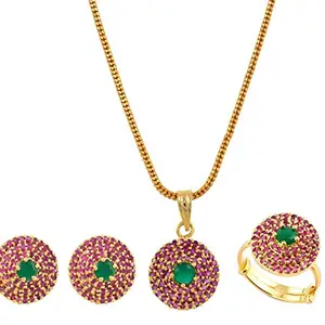 Handicraft Kottage American Diamond Pendant, Earring, Ring Set Fashion Jewellery for Women/Girl - Circle Design (Red Green)