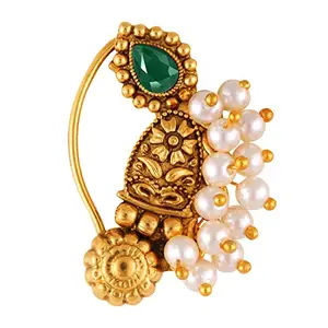 Vivastri Premium Gold Plated Nath Collection With Beautiful & Luxurious Green Diamond Pearl Studded Maharashtraian Nath For Women & Girls-VIVA1176NTH-Press-Green