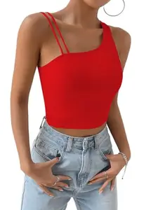 Classy Fashion One Shoulder Rib Knit Crop Top, Black, Cotton Blend (in, Alpha, L, Standard, Red)