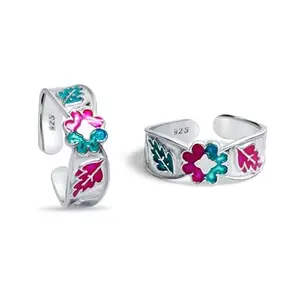 Raajraani Pure 925 Sterling Silver Toe Ring for Women | Phool Toe Ring | Silver Finish, Enamel |Gift for Her (4 gms)