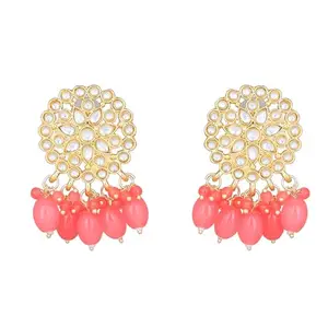 Gehena By Estele Gold Plated Polki Bouquet Designer Drop Earrings with Mint Pink for Girl's and Women