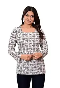 Cotton Printed Straight Short Kurti for Women, Blue Floral Pattern Top Dress, Long Sleeve Casual Tunic for Ladies and Girls