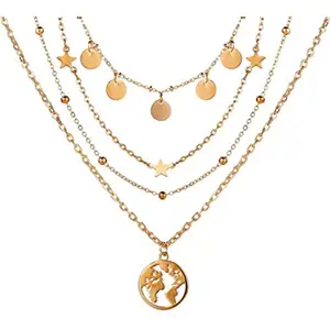 Vembley Gorgeous Gold Plated Multi Layered Star and World Necklace For Women And Girls