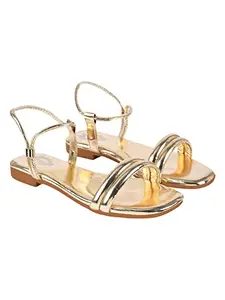 Shoetopia Embellished Backstrap Golden Flat Sandals For Women & Girls /UK5