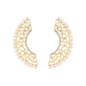 Yinara 22K Gold-Plated Zircon Studded & Pearl Beaded Contemporary Shaped Statement Stud Earrings