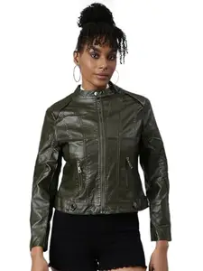 SHOWOFF Women's Long Sleeves Solid Mandarin Collar Olive Biker Jacket-1801_Olive_XS