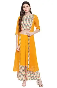 Janasya Women's Yellow Poly Crepe Chevron/Zig Zag Crop Top with Palazzo and Jacket(SET252-KR-PP-J-XXXL)