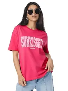 LEOTUDE Women Cottonblend Drop Shoulder Oversized Round Neck Half Sleeve Tshirt, Longline Printed T-Shirt