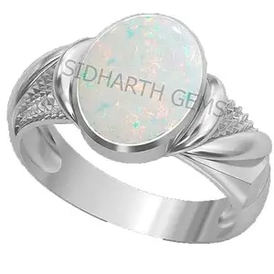 SIDHARTH GEMS 4.75 ratti 3.25 carat White Rashi Ratan Fire Opal Loose Gemstone Silver Plated Adjustable Ring for Men and Women
