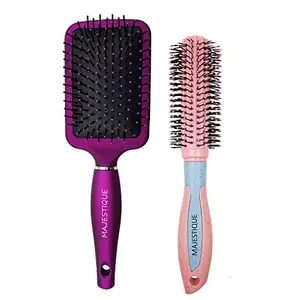 Majestique Round Hair Brush, Paddle Hair Brush for Women and Men, Great On Wet or Dry Hair, No More Tangle Hairbrush for Long Thick Thin Curly Natural Hair- PR2 Purple