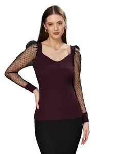 Miss Chase Women's Solid V-Neck Full Sleeve Relaxed Fit Regular Top (MCSS23TP99-51-268-03, Dark Purple & Black, S)