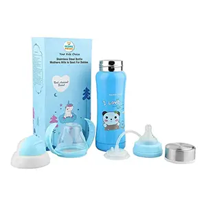 Mom's Pride ® Cartoon Printed Baby Feeding Bottle Multifunctional Stainless Steel Milk Thermosteel Feeder Bottle for Infant Newborn Toddler for Travel (Color:Blue) (Capacity: 240ml)