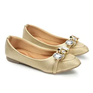 Women's Crystal-Embellished Ballet Flats, Metallic Gold, Cushioned Comfort (Golden, UK Footwear Size System, Adult, Women, Numeric, Medium, 4)
