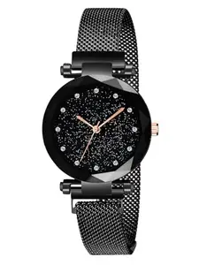 KRELIN Stainless Steel Strap 12 Point Diamond Analogue Black Watch for Women & Girls (Pack of 1 Pc)