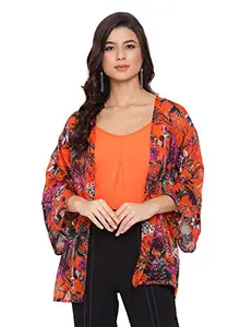 oxolloxo Women Printed 3/4th Sleeve Shrug with Cami (Small) Orange