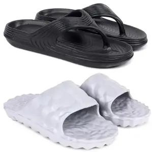 Pampy Angel Combo Pack of 2 Slipper/Flip Flops/Slides/Clogs/Sandals with Adjustable Back Strap for Men,(V-Evafeet-Black,Diamond-Grey),9 (UK/India)