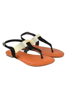 Shoetopia Women's Black & Tan Flat Sandals – Stylish Toe-Ring T-Strap with Gold Accents – Casual & Party Flats EU42